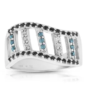 0.35 cttw Black, Blue and White Diamond Wedding Band Ring 10K White Gold