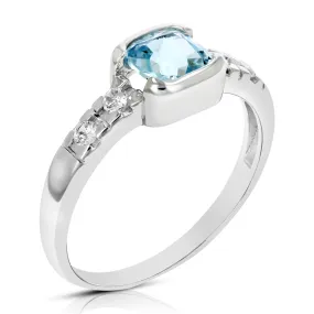 0.80 cttw Blue Topaz Ring .925 Sterling Silver with Rhodium Cushion Cut 6 MM