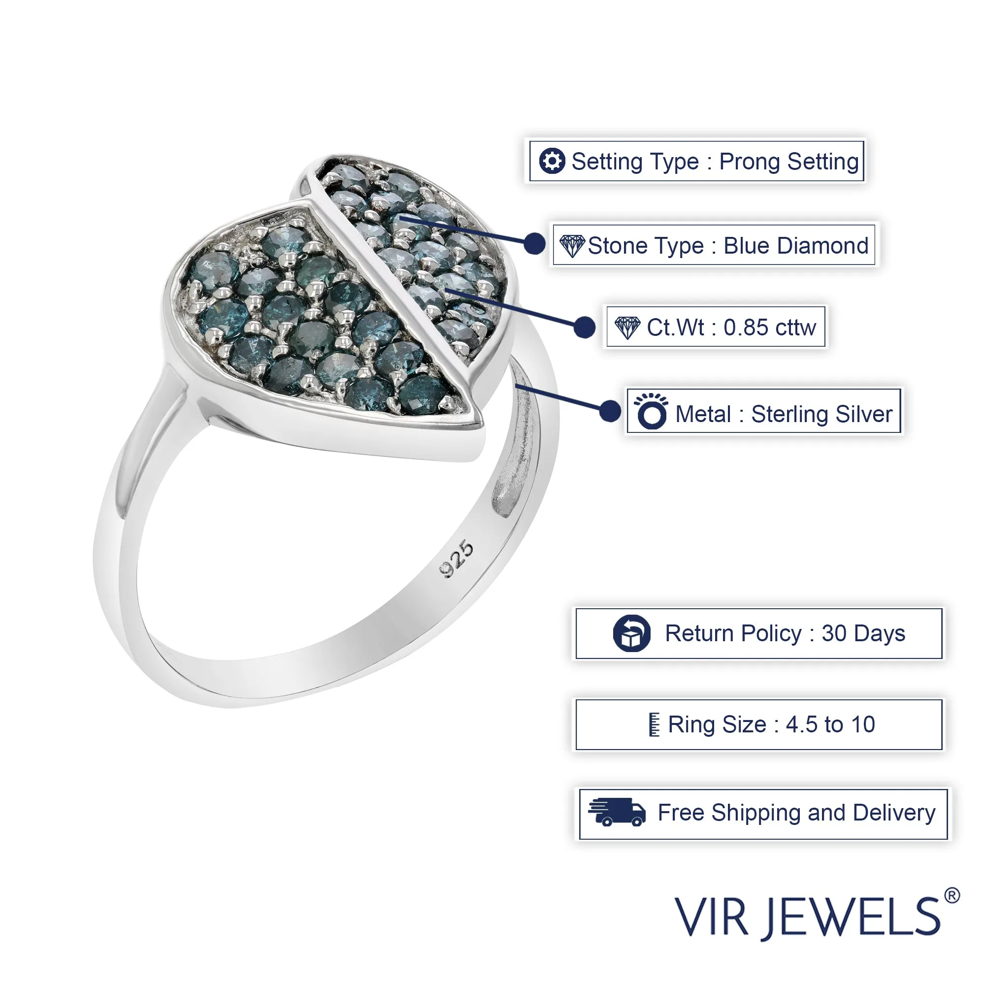 0.85 cttw Blue Diamond Heart Ring .925 Sterling Silver with Rhodium