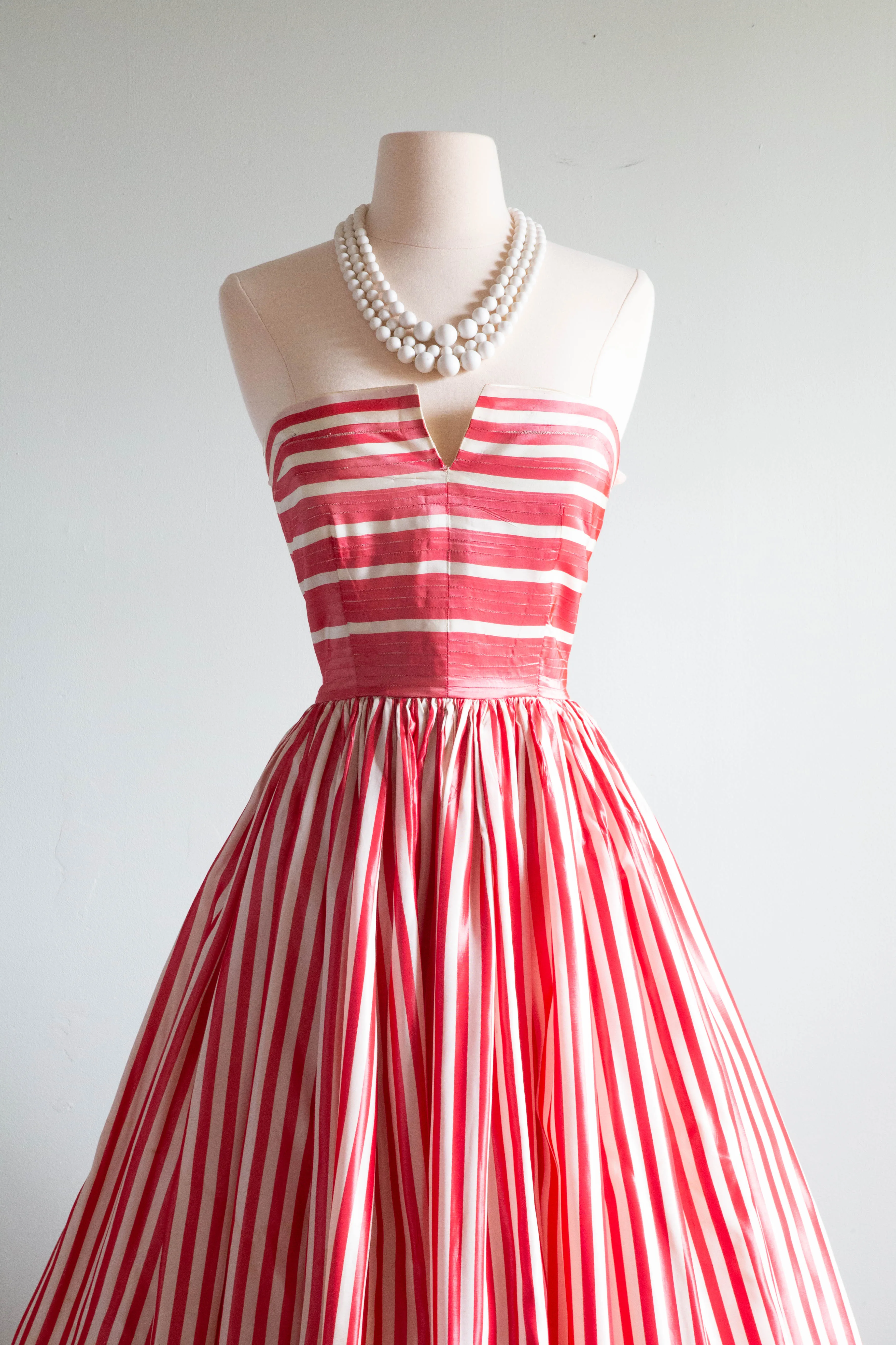 1950's Cherry Striped Taffeta Party Dress / Small