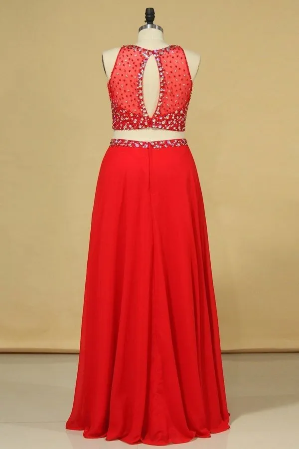 2024 Red Scoop Two Pieces A Line Prom Dresses Beaded Bodice Open Back Chiffon P3Y3MF3H