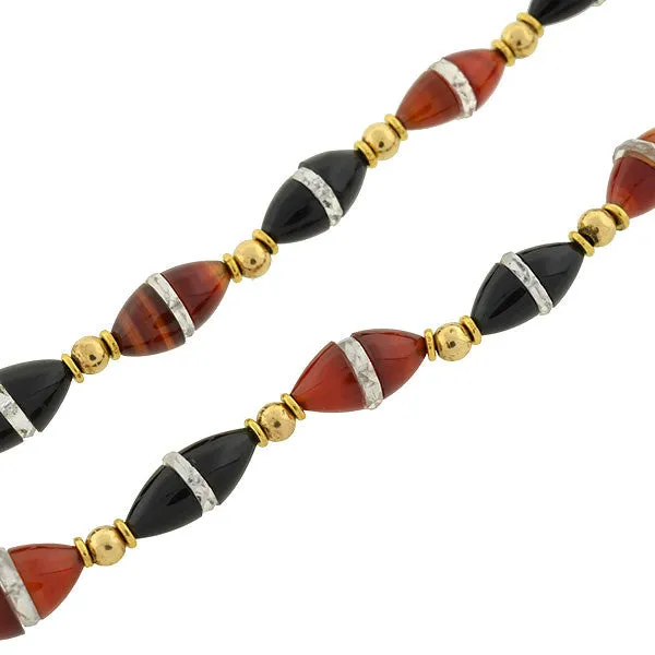 Art Deco 14kt Onyx & Carnelian Bead Necklace