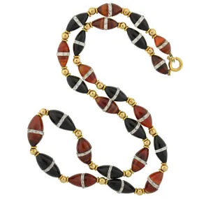 Art Deco 14kt Onyx & Carnelian Bead Necklace