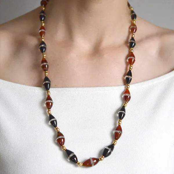 Art Deco 14kt Onyx & Carnelian Bead Necklace