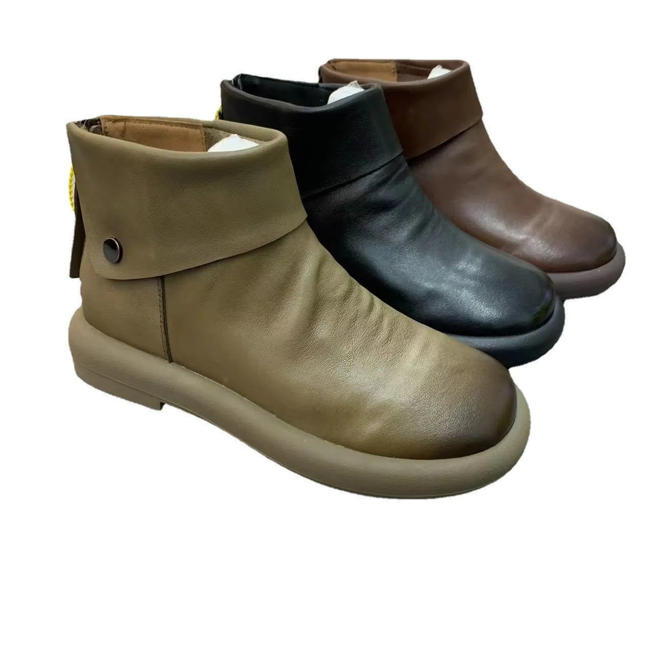 Autumn Solid Leather Retro Casual Flat Boots