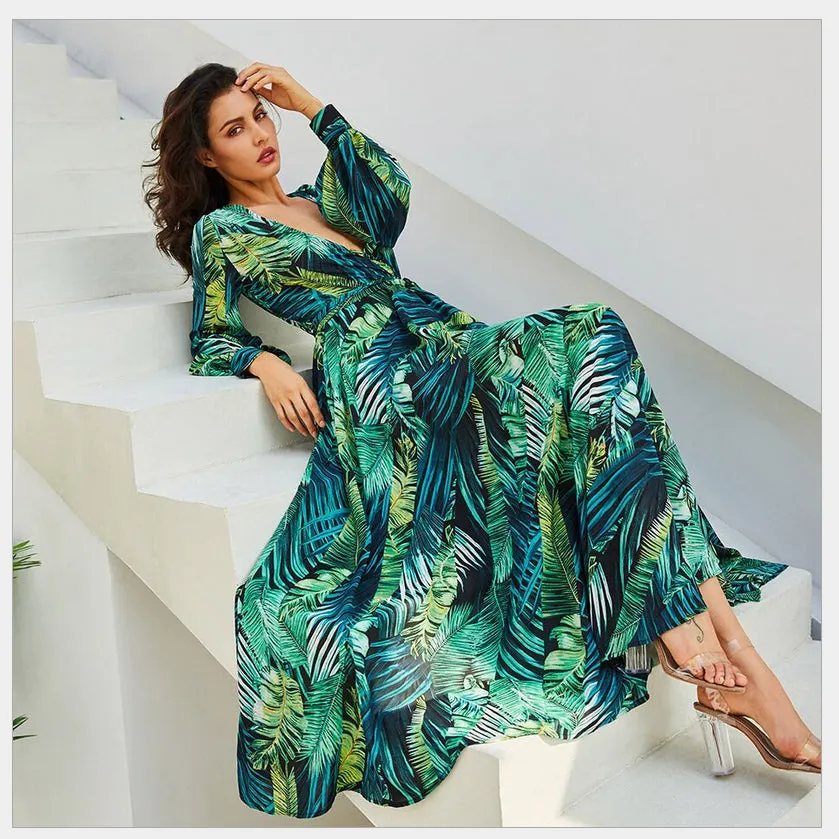 BerriesJam - 2024 Tropical Green Floral Printed Boho Maxi Dress