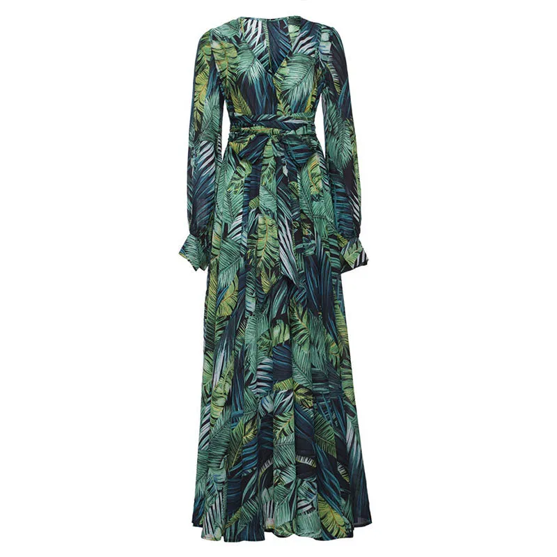 BerriesJam - 2024 Tropical Green Floral Printed Boho Maxi Dress