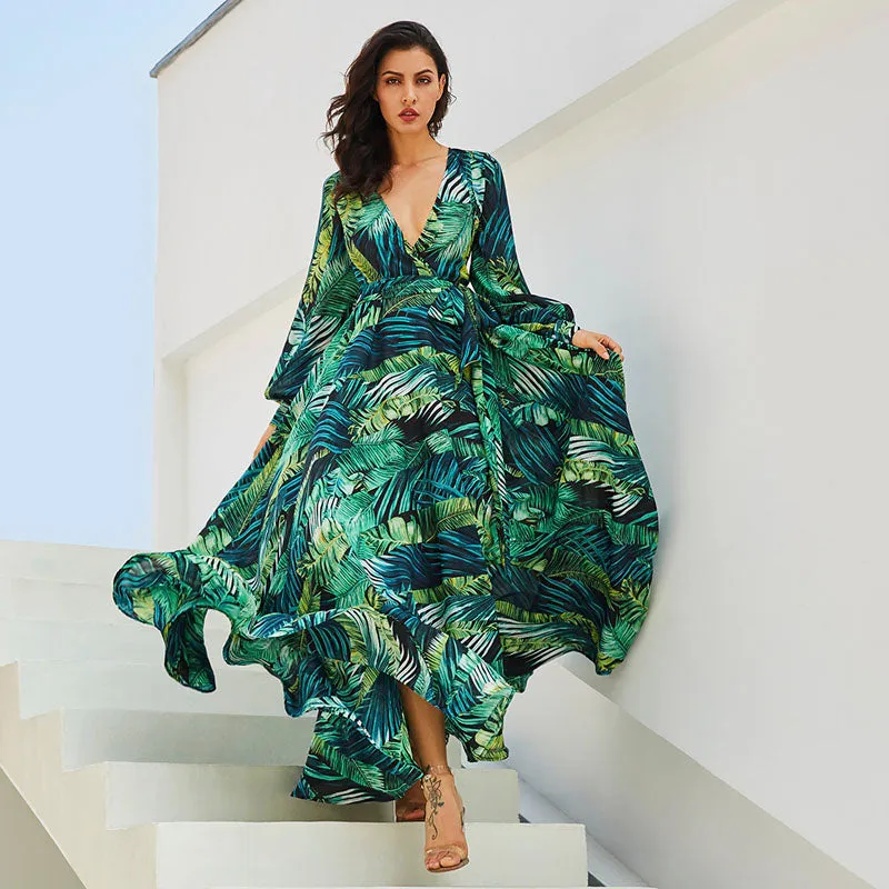 BerriesJam - 2024 Tropical Green Floral Printed Boho Maxi Dress