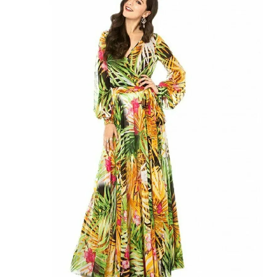 BerriesJam - 2024 Tropical Green Floral Printed Boho Maxi Dress