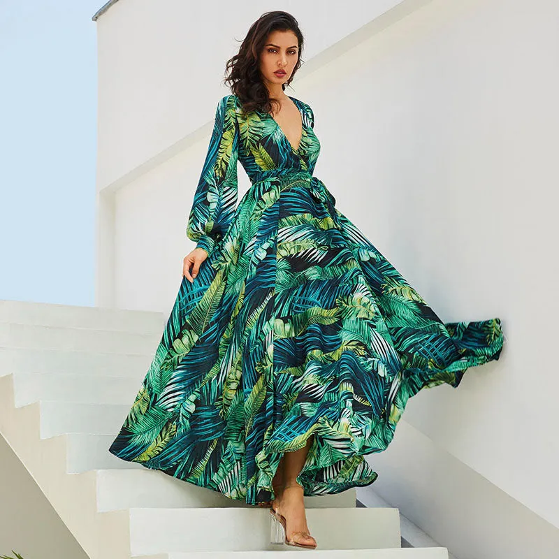 BerriesJam - 2024 Tropical Green Floral Printed Boho Maxi Dress