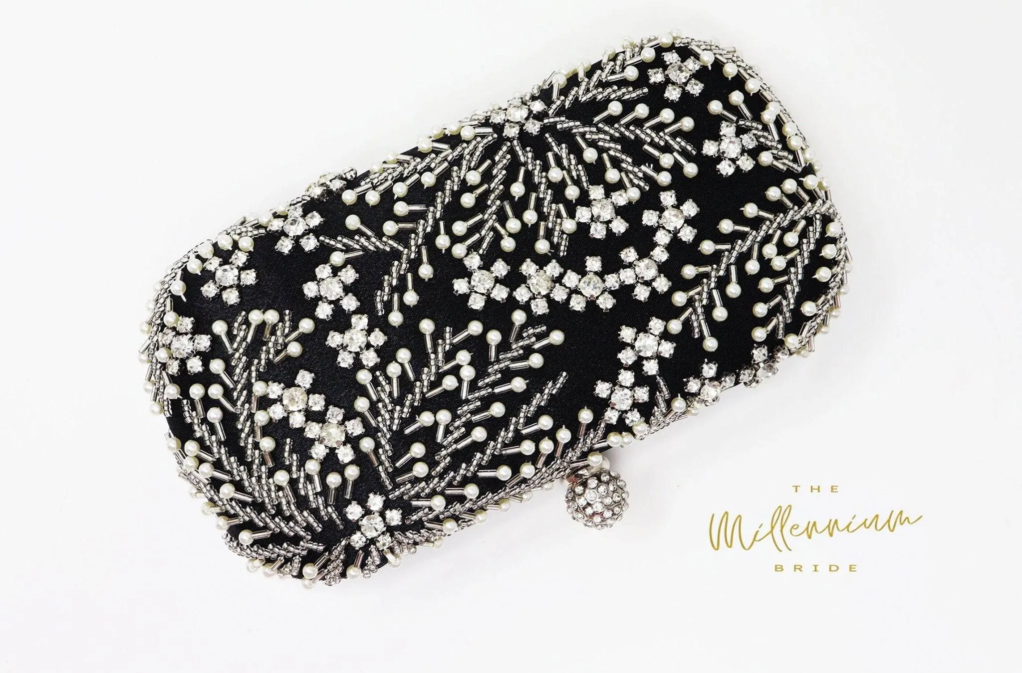 Black Crystal Leaves and Pearl Beads Embroidered Wedding Clutch, Evening Clutch, Wedding Clutch, Bridal Bag, Beige Cross Body Bag