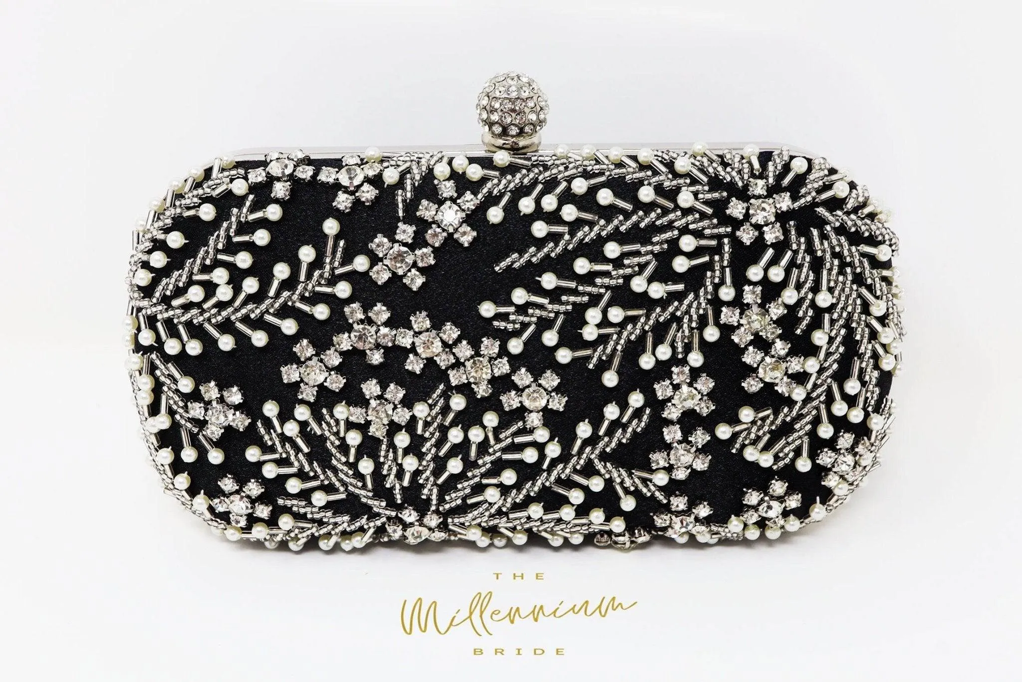 Black Crystal Leaves and Pearl Beads Embroidered Wedding Clutch, Evening Clutch, Wedding Clutch, Bridal Bag, Beige Cross Body Bag