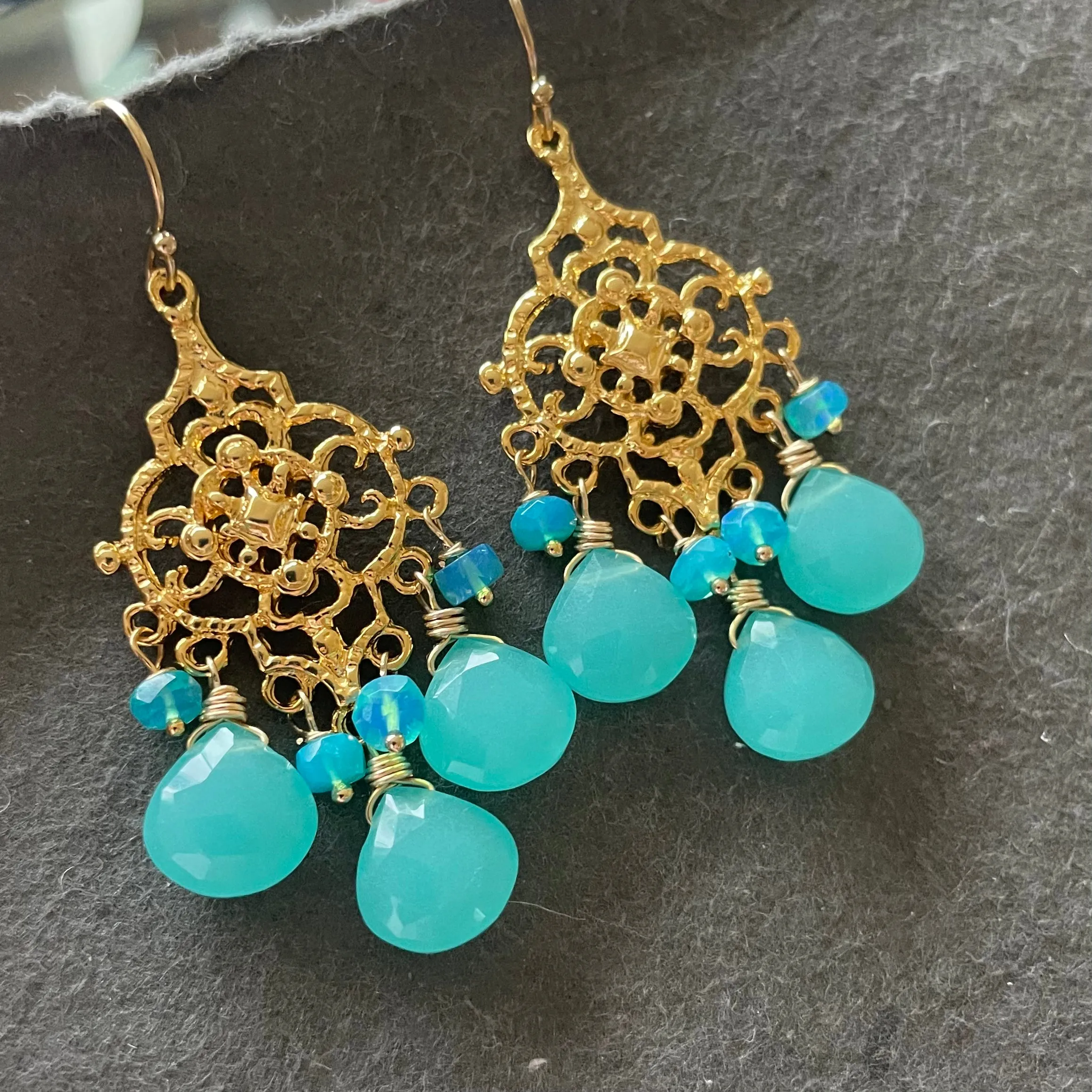 Blue chalcedony and opal filigree Chandelier Earrings