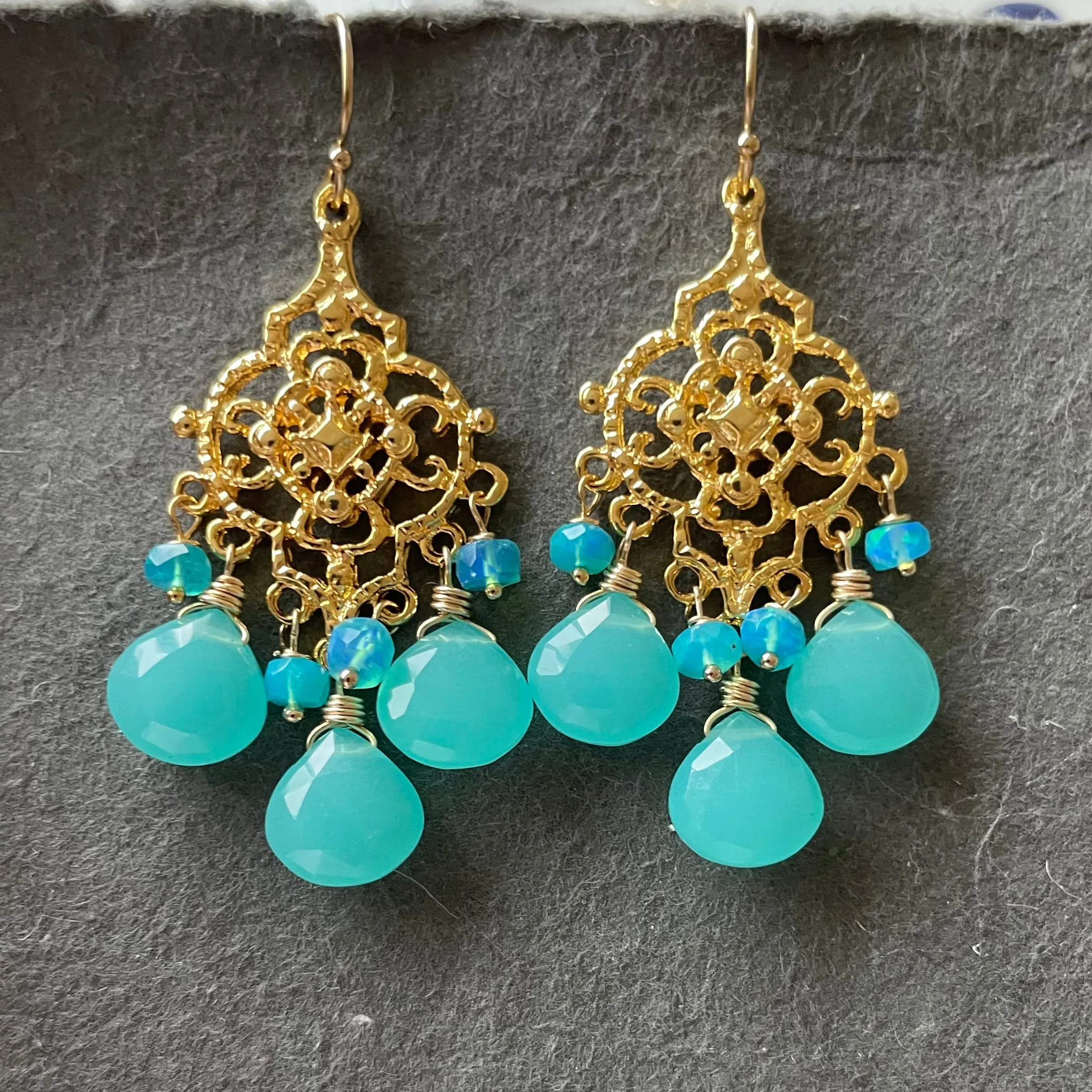 Blue chalcedony and opal filigree Chandelier Earrings