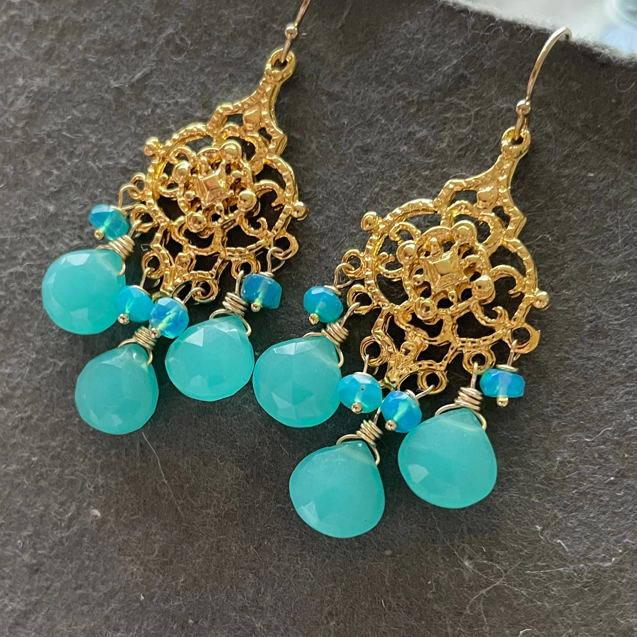 Blue chalcedony and opal filigree Chandelier Earrings