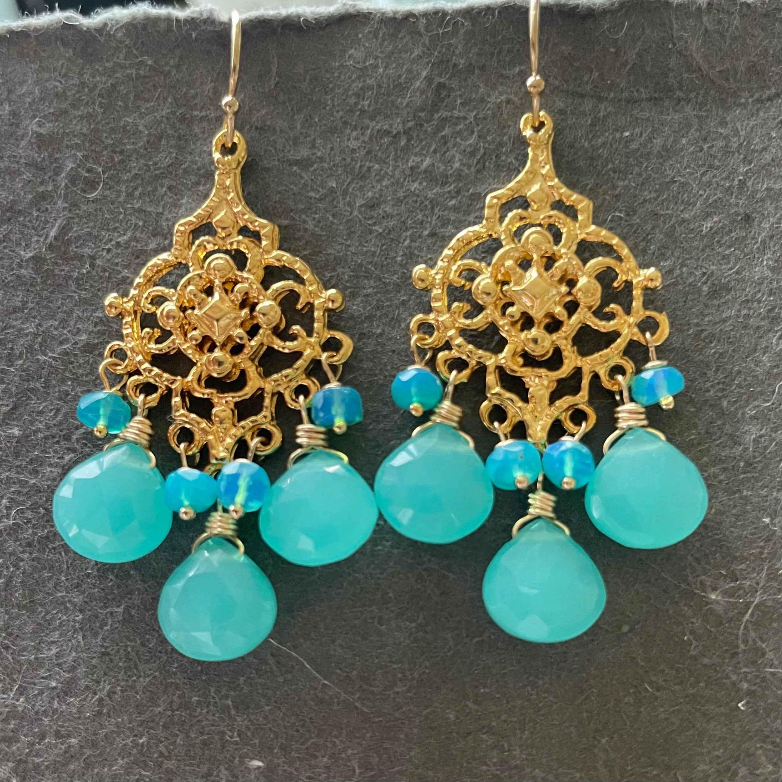 Blue chalcedony and opal filigree Chandelier Earrings