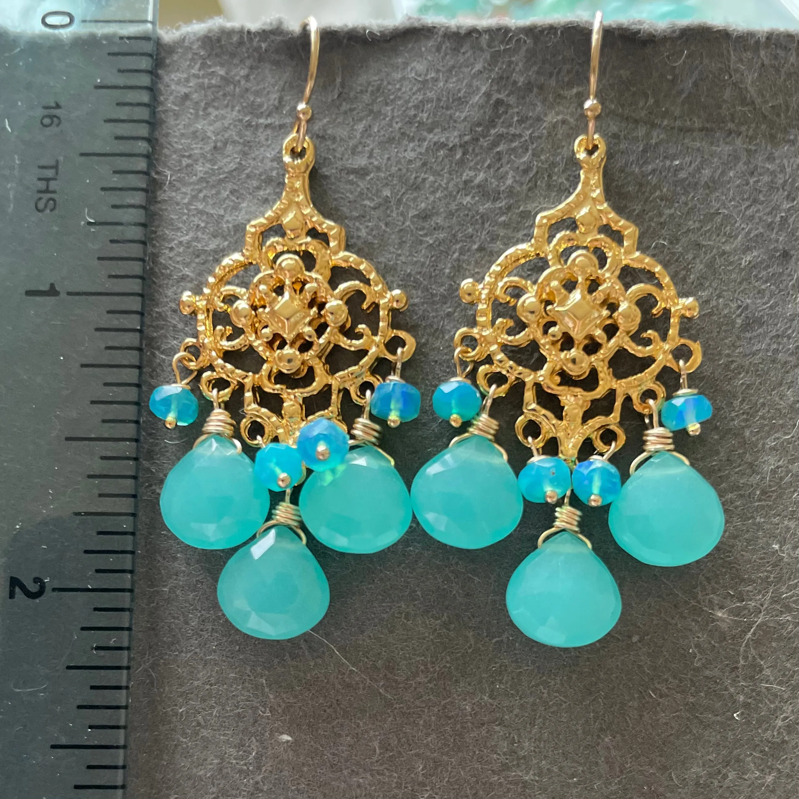 Blue chalcedony and opal filigree Chandelier Earrings