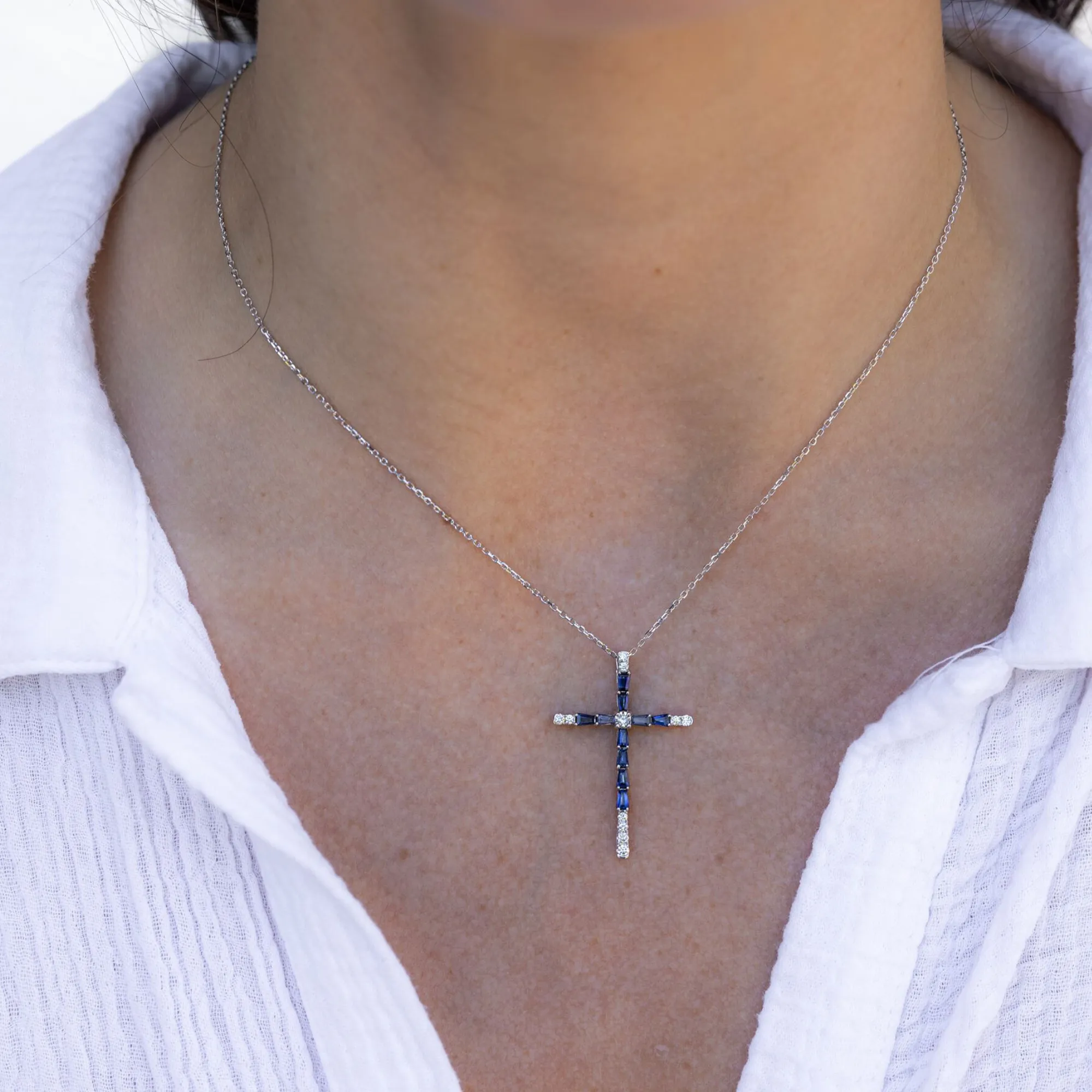 Blue Sapphire & Diamond Cross Pendant