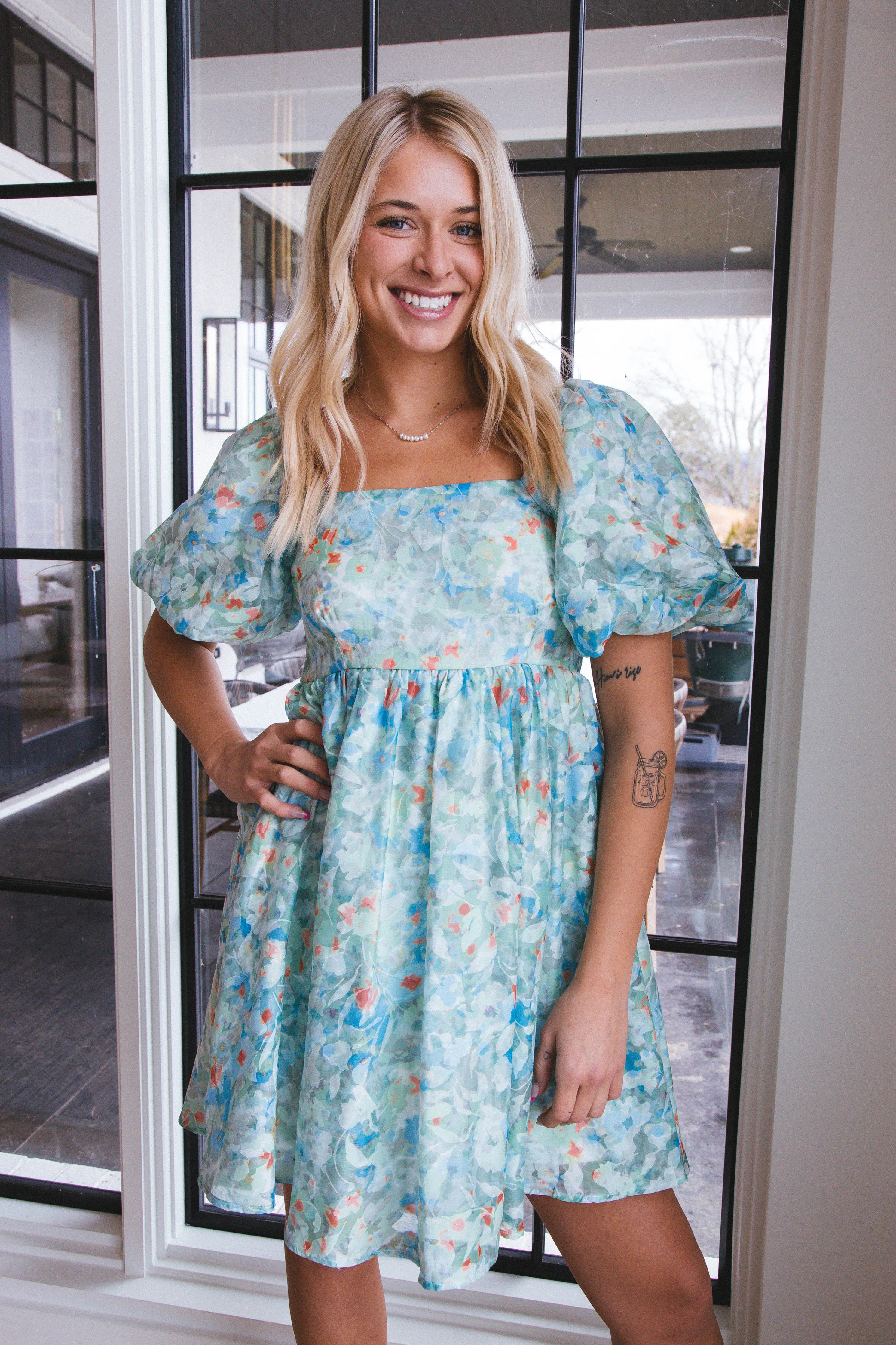 Braelyn Floral Puff Sleeve Dress, Green Combo