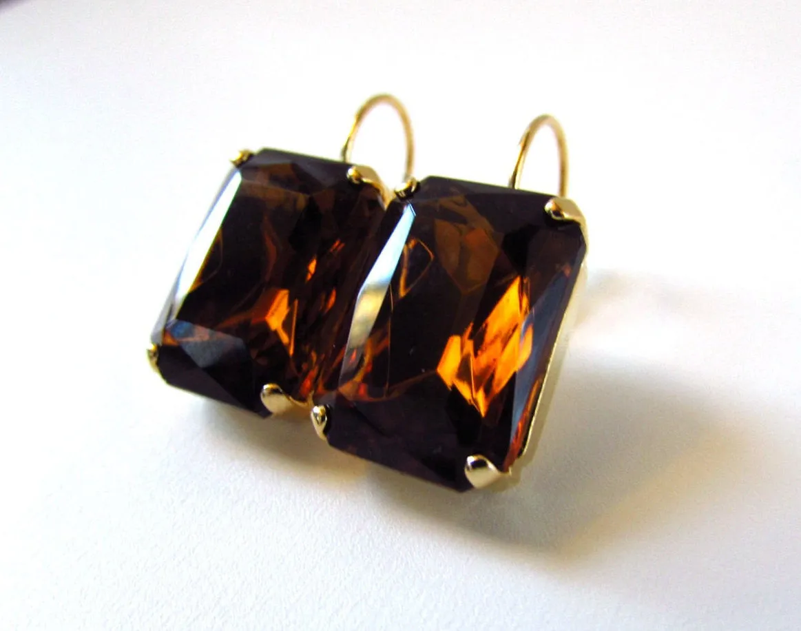 Brown Topaz Crystal Earrings - Large Octagon