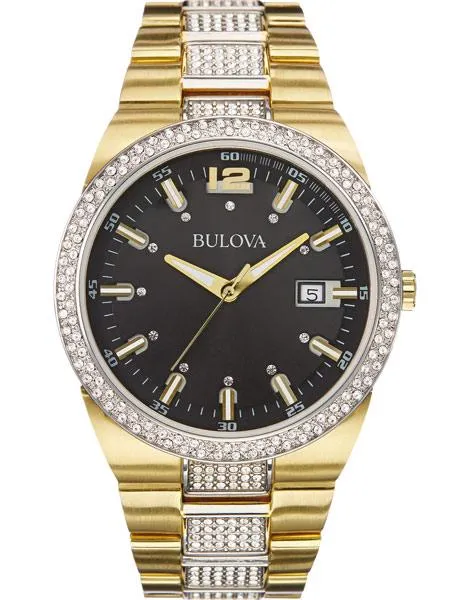 Bulova Mens Crystal Accented Watch - Two-Tone - Black Dial - Date Display