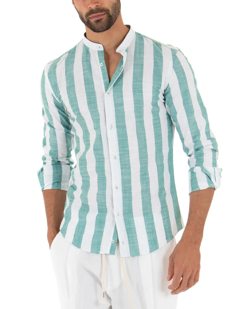 Camicia Uomo Collo Coreano Manica Lunga Lino Rigata Sartoriale Verde Acqua Bianco GIOSAL-C1982A