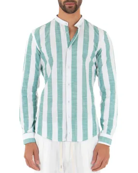 Camicia Uomo Collo Coreano Manica Lunga Lino Rigata Sartoriale Verde Acqua Bianco GIOSAL-C1982A