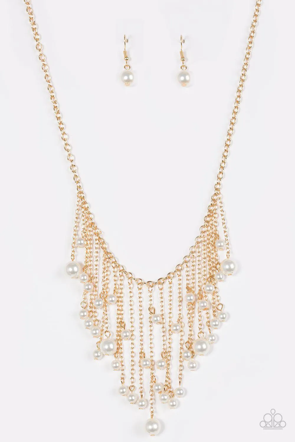 Catwalk Champ Gold and White Pearl Fringe Necklace - Paparazzi Accessories