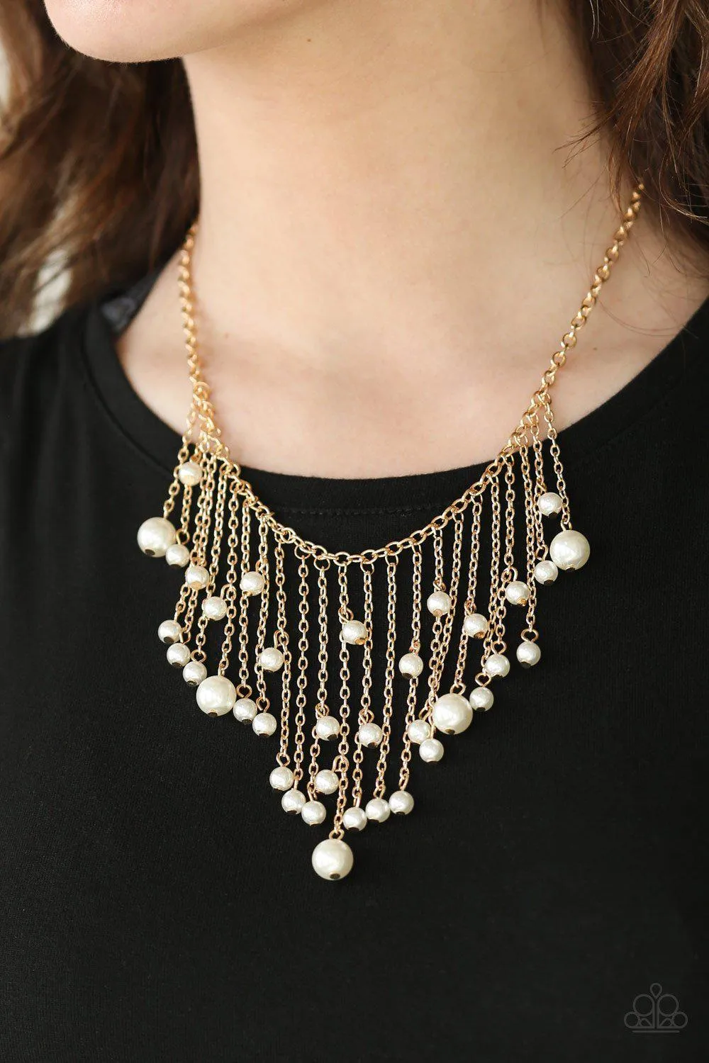 Catwalk Champ Gold and White Pearl Fringe Necklace - Paparazzi Accessories