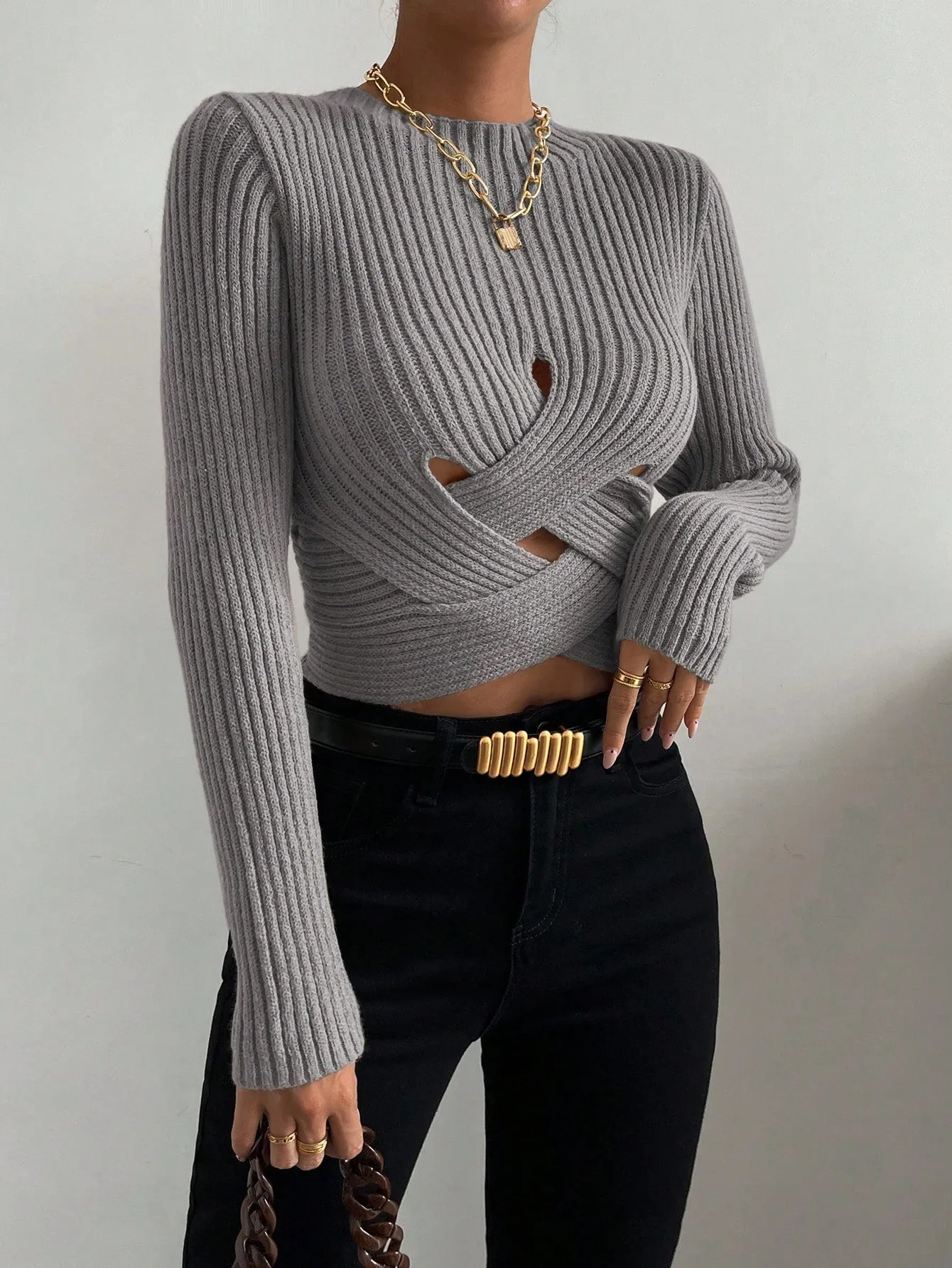 Crisscross Cut Out Ribbed Knit Crop Sweater