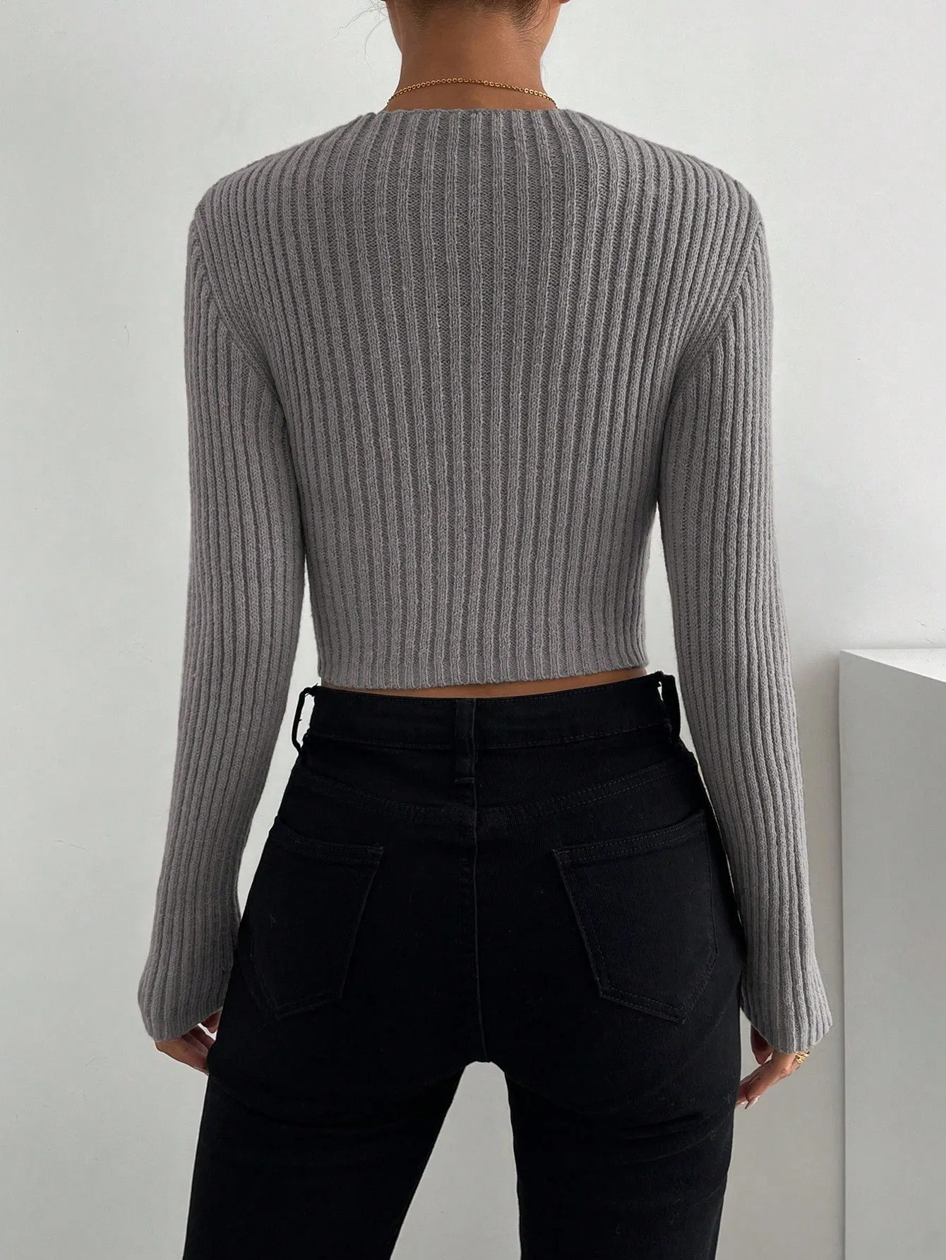 Crisscross Cut Out Ribbed Knit Crop Sweater