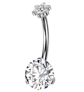 Double CZ Flower Top Titanium Threadless Belly Button Ring