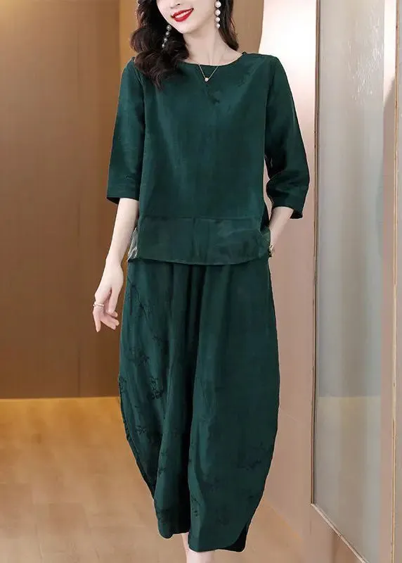 Elegant Green Oversized Patchwork Linen Two Pieces Set Spring HA1023