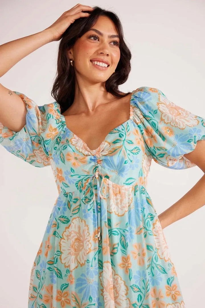 Evelyn Mint Floral Puff Sleeve Midi Dress