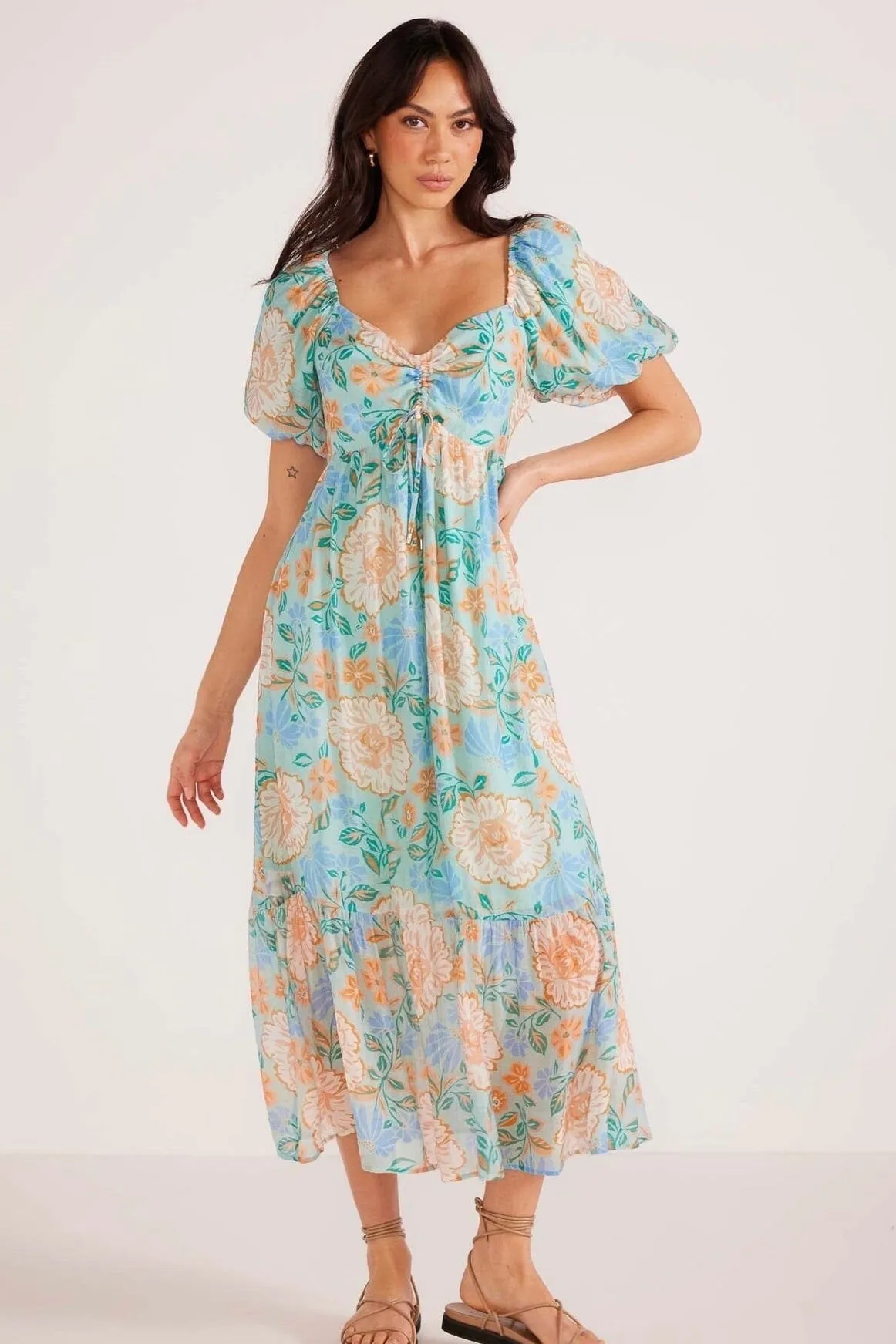 Evelyn Mint Floral Puff Sleeve Midi Dress