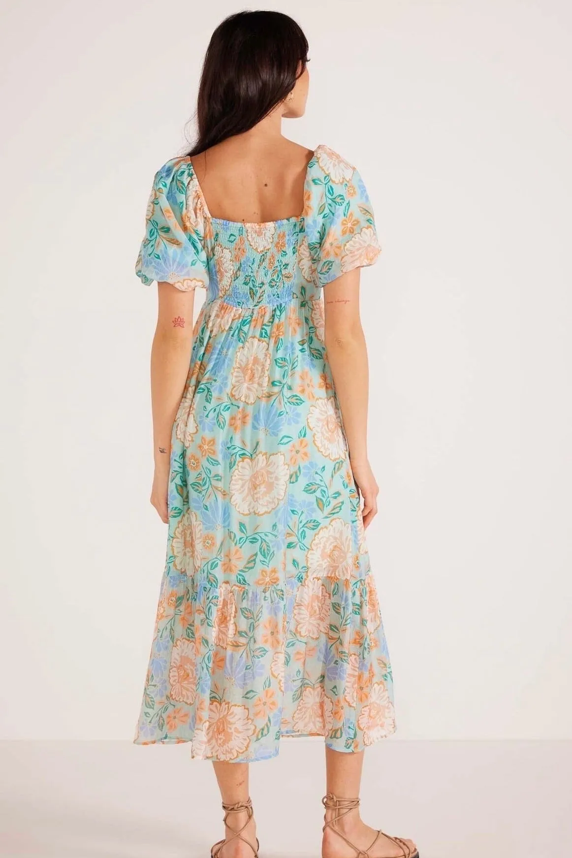 Evelyn Mint Floral Puff Sleeve Midi Dress