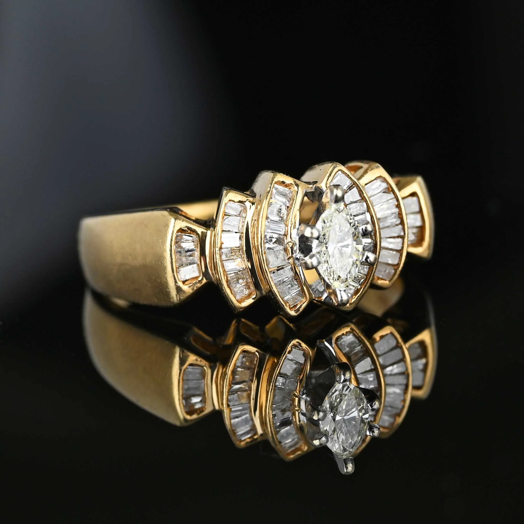 Gold Step Baguette Marquis Diamond Cocktail Ring