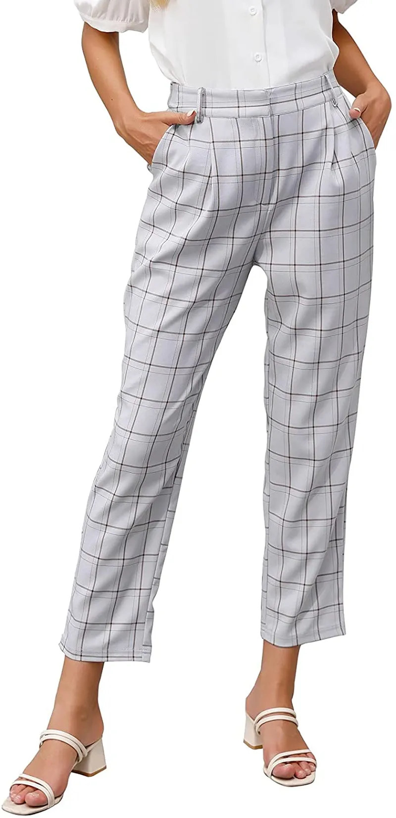 GRACE KARIN Women's Ankle Length Pants with Pockets Plaided OL Elastic Waist