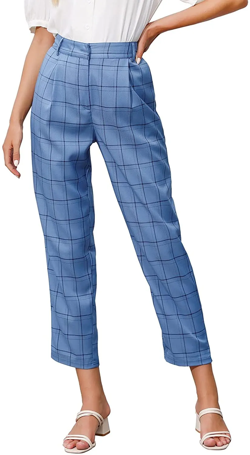 GRACE KARIN Women's Ankle Length Pants with Pockets Plaided OL Elastic Waist