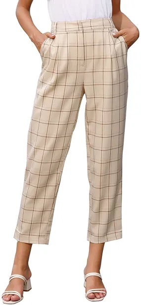 GRACE KARIN Women's Ankle Length Pants with Pockets Plaided OL Elastic Waist