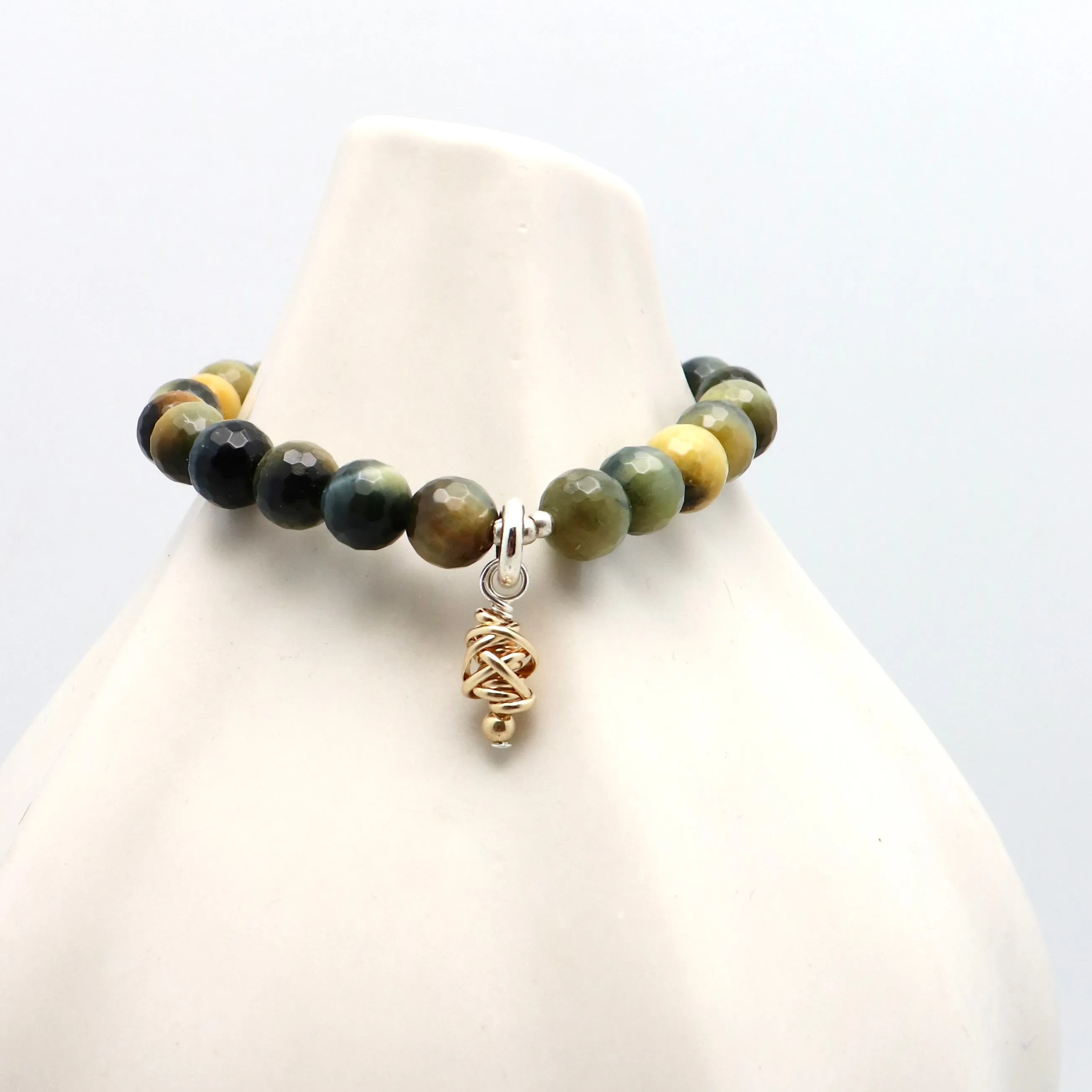 HERA Collection:  Hera Golden Blue Tiger Eye & Gold Wrapped Pendant Stretch Bracelet