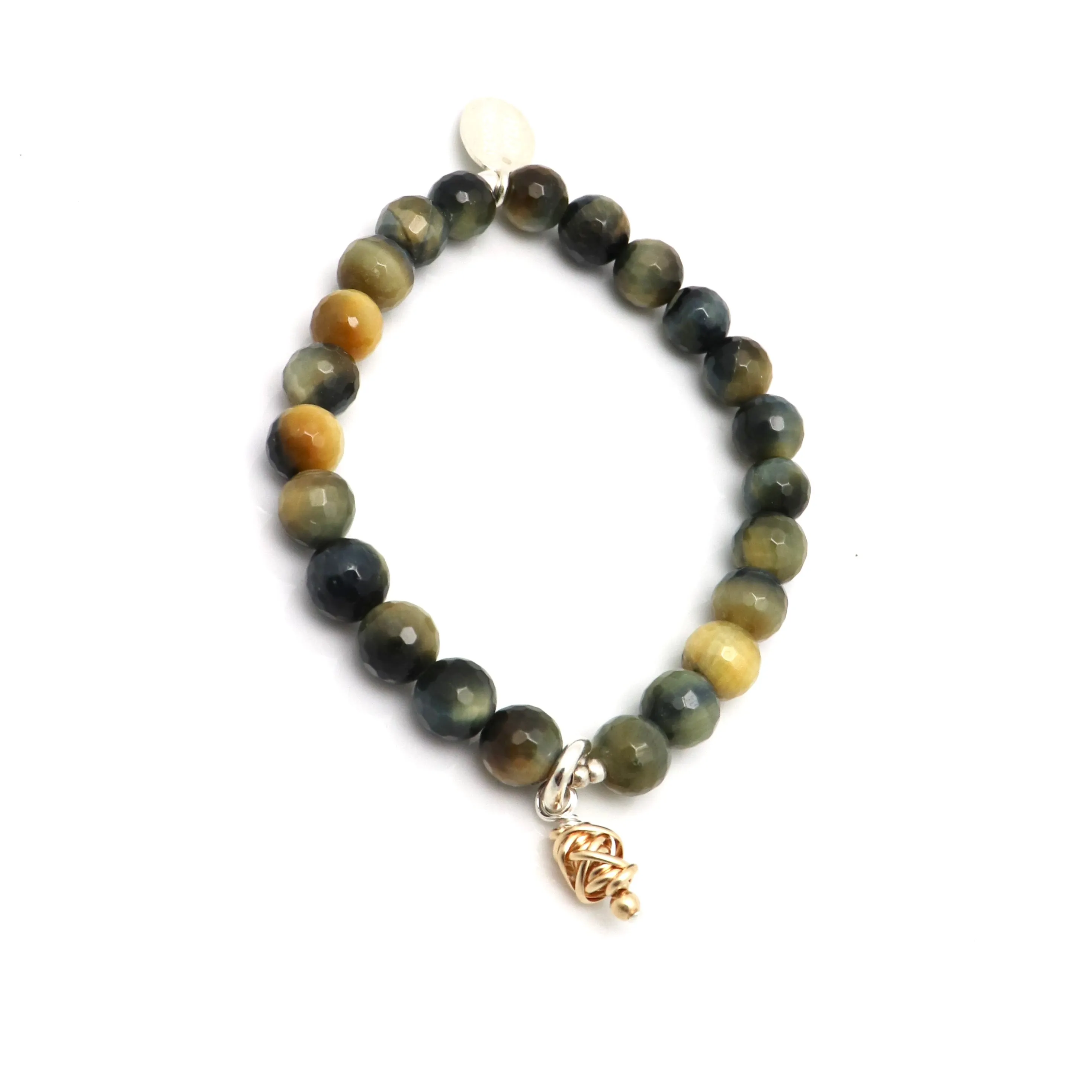 HERA Collection:  Hera Golden Blue Tiger Eye & Gold Wrapped Pendant Stretch Bracelet