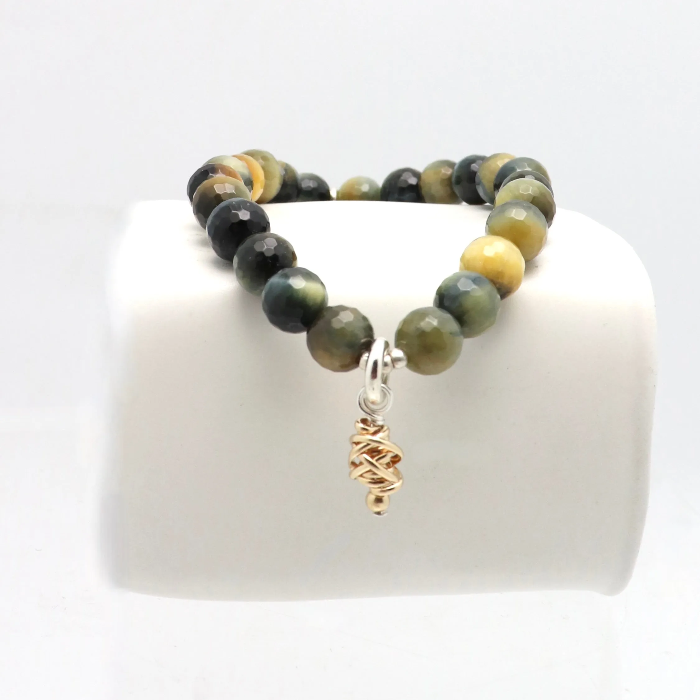 HERA Collection:  Hera Golden Blue Tiger Eye & Gold Wrapped Pendant Stretch Bracelet