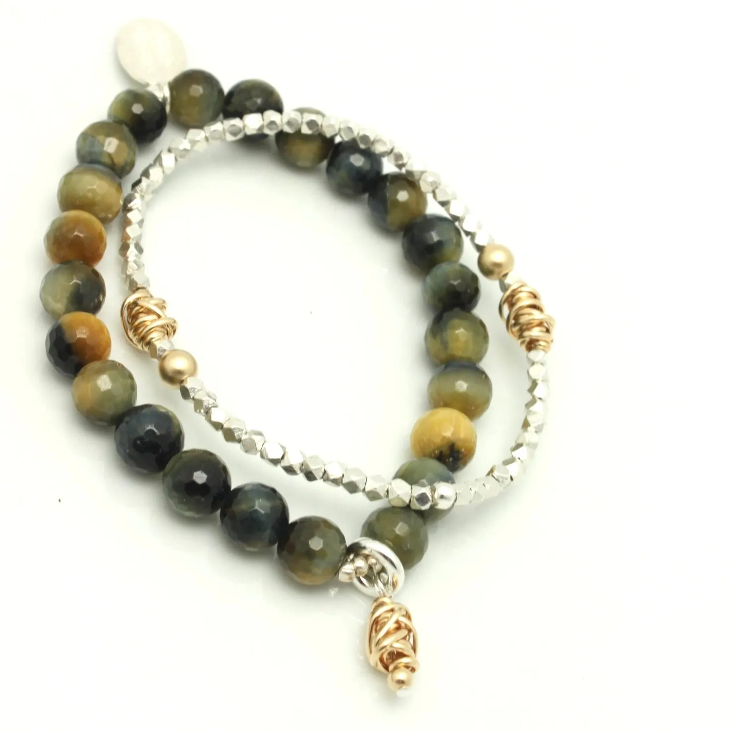 HERA Collection:  Hera Golden Blue Tiger Eye & Gold Wrapped Pendant Stretch Bracelet