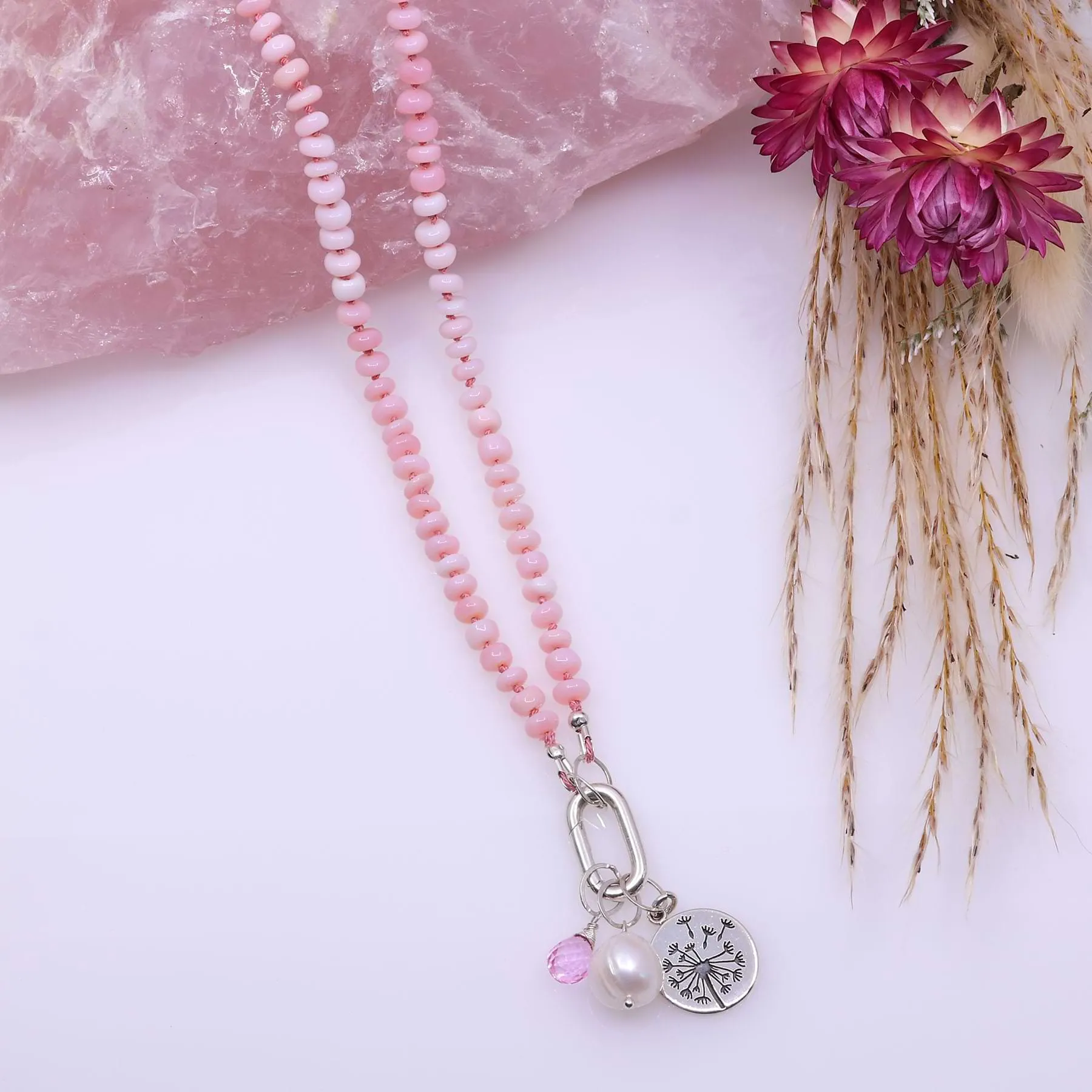 Hope Wish Will - Pink Opal Silver Necklace