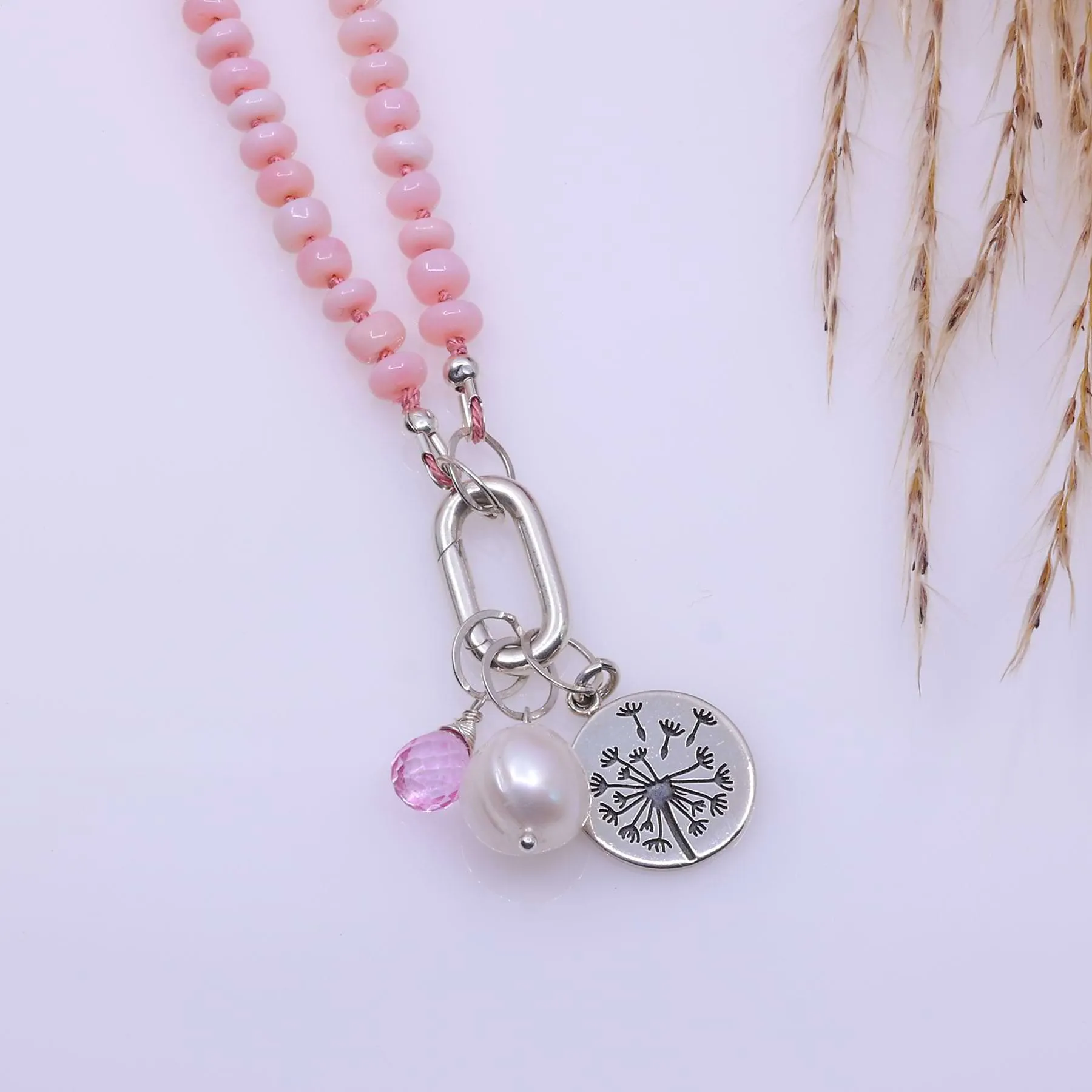 Hope Wish Will - Pink Opal Silver Necklace