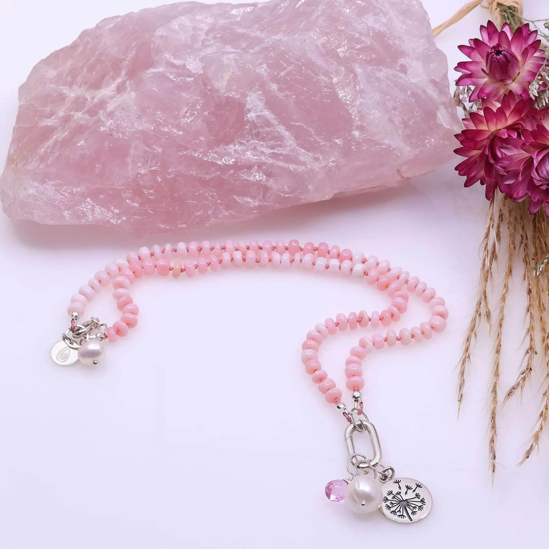 Hope Wish Will - Pink Opal Silver Necklace