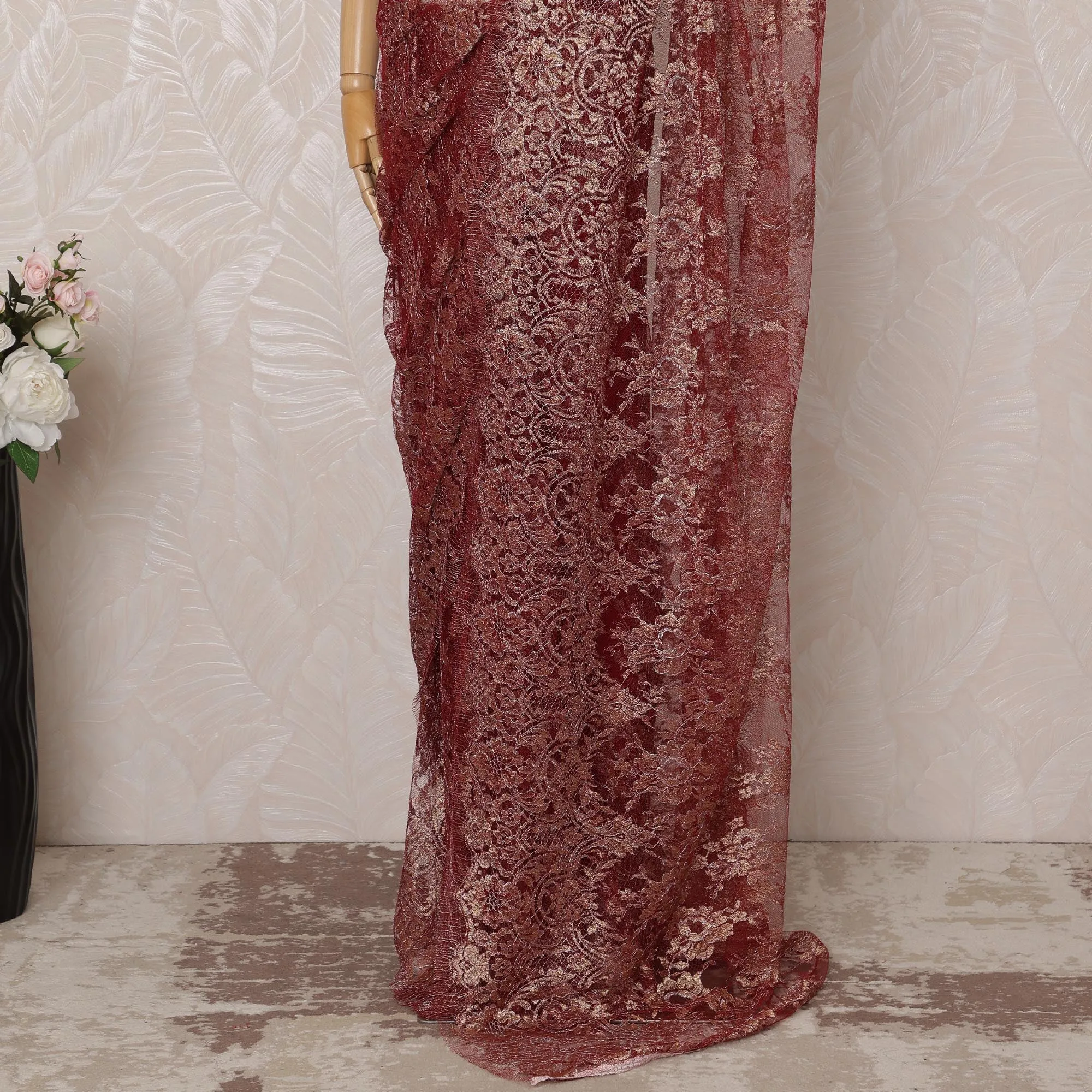 Maroon Metallic Premium French Chantilly Saree Lace - 5.5 Meters, Floral Design, 110 cm Width-D20767