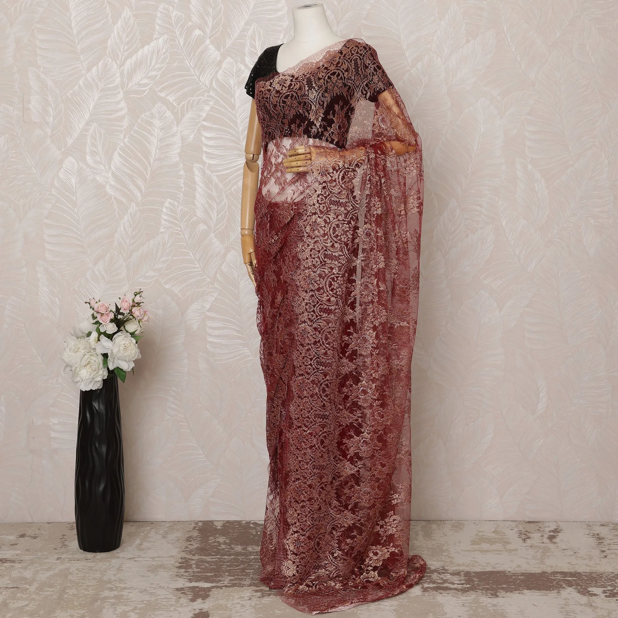 Maroon Metallic Premium French Chantilly Saree Lace - 5.5 Meters, Floral Design, 110 cm Width-D20767