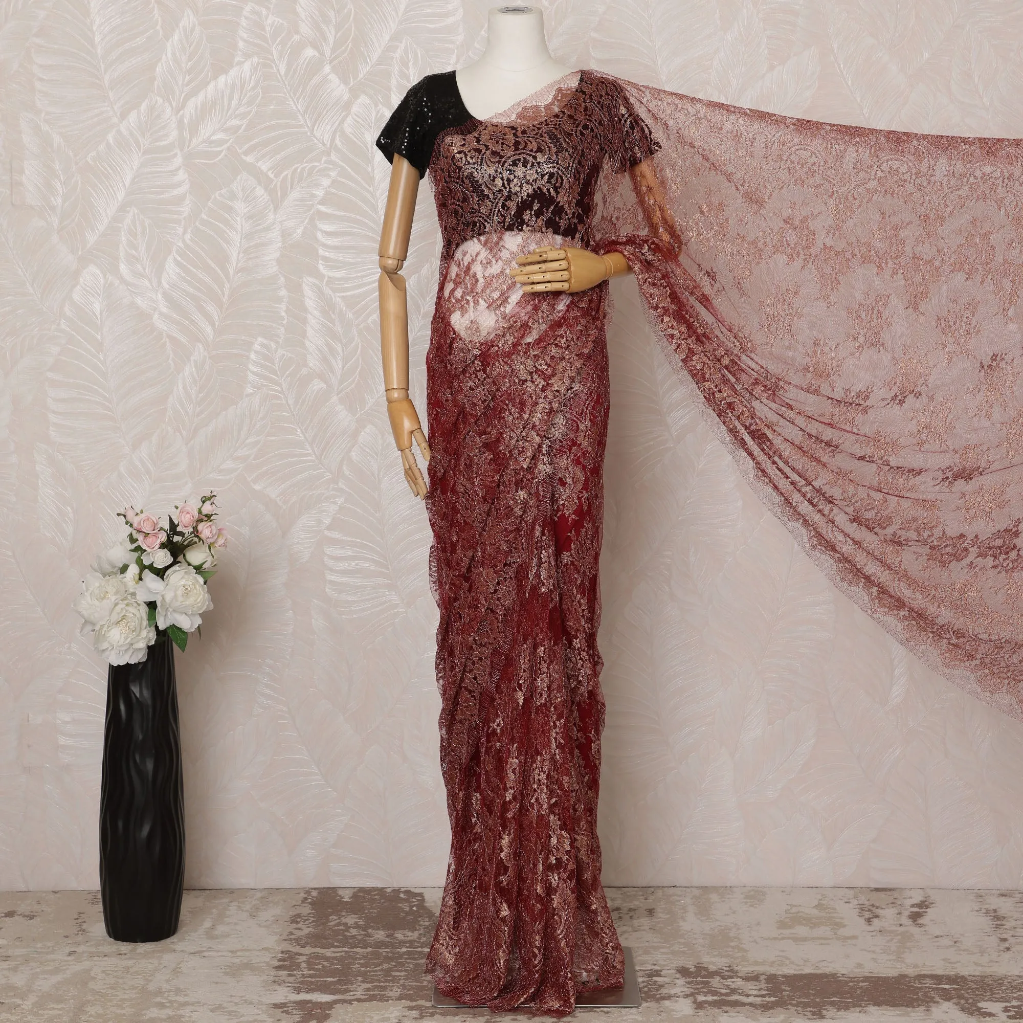 Maroon Metallic Premium French Chantilly Saree Lace - 5.5 Meters, Floral Design, 110 cm Width-D20767